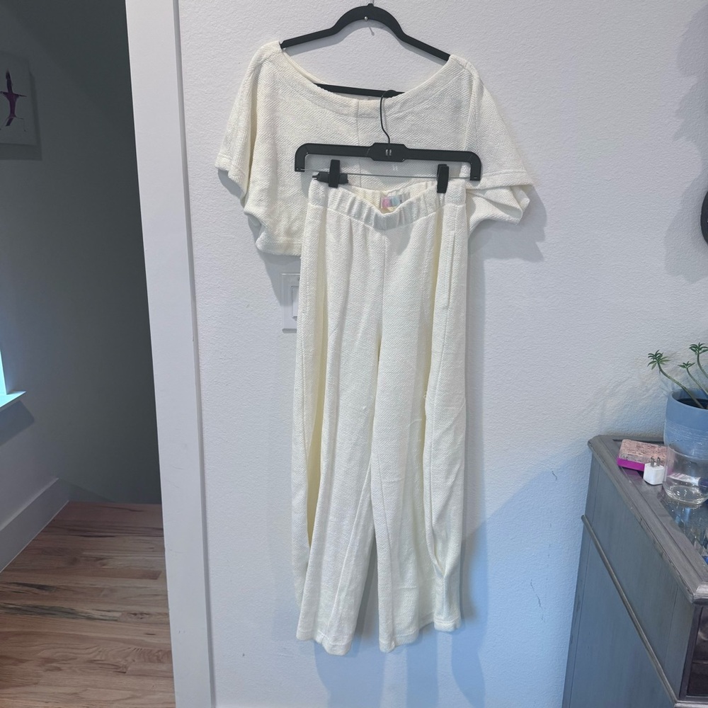 Free People Beach 2 Piece Set Cream Crop Top Wide Pant XS